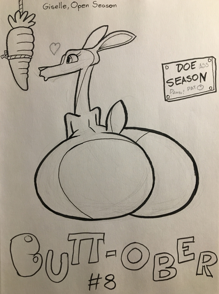 &lt;3 big_butt blu3danny butt carrot deer distracted english_text female feral food giselle_(open_season) guide_lines hi_res inked_drawing mammal open_season plant rear_view sign solo text traditional_media_(artwork) vegetable