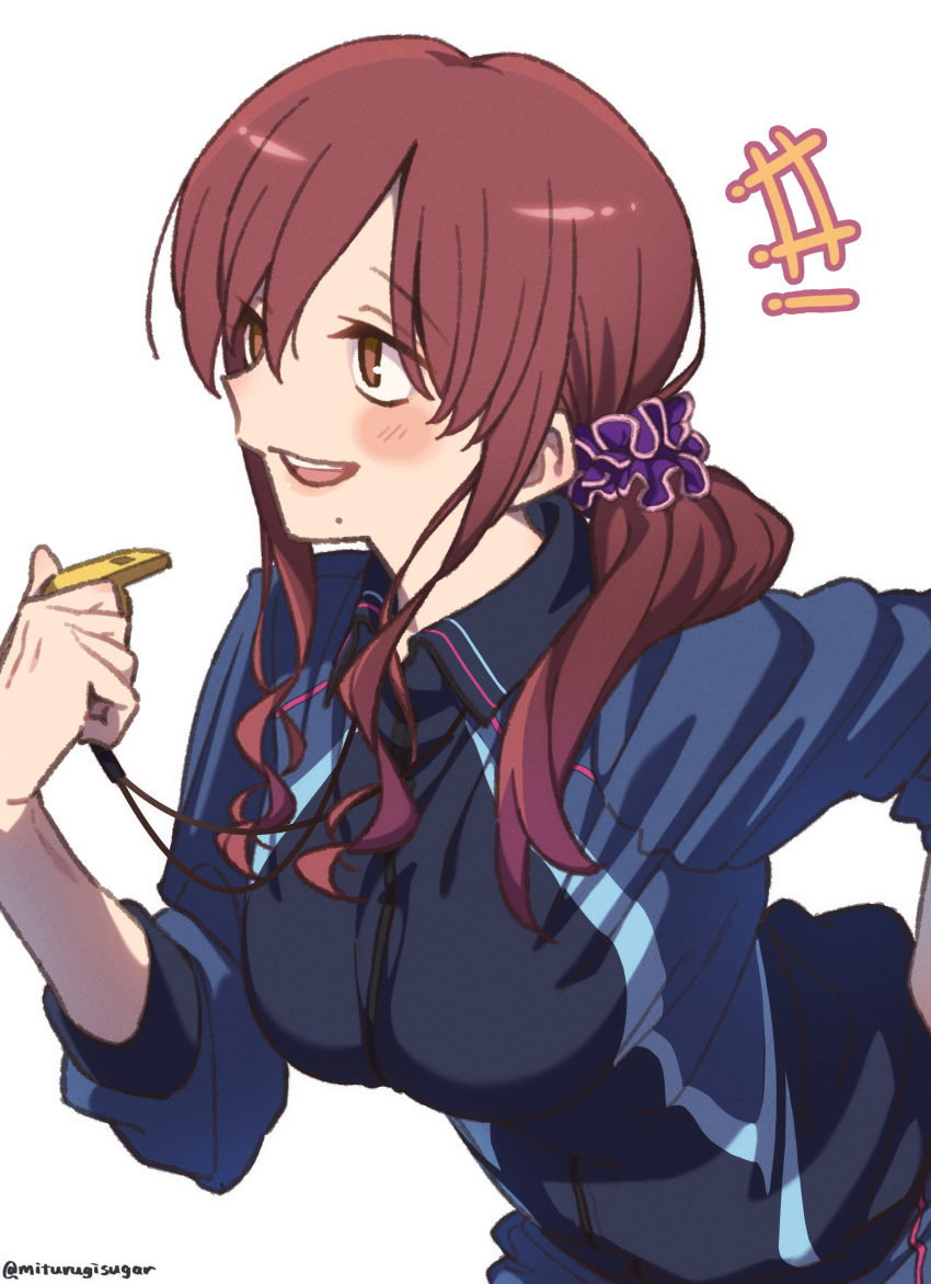 +++ 1girl :d absurdres blue_jacket blush breasts brown_eyes brown_hair from_side hair_ornament hair_over_shoulder hair_scrunchie hand_on_own_hip highres holding holding_whistle jacket large_breasts leaning_forward long_sleeves looking_ahead low_ponytail medium_hair mitsurugi_sugar mole mole_under_mouth no_pupils noel_(tsukihime) open_mouth scrunchie sidelocks simple_background sleeves_pushed_up smile solo sportswear standing swept_bangs teacher teeth track_jacket track_suit tsukihime tsukihime_(remake) twitter_username upper_body upper_teeth_only upturned_eyes whistle whistle_around_neck white_background wing_collar
