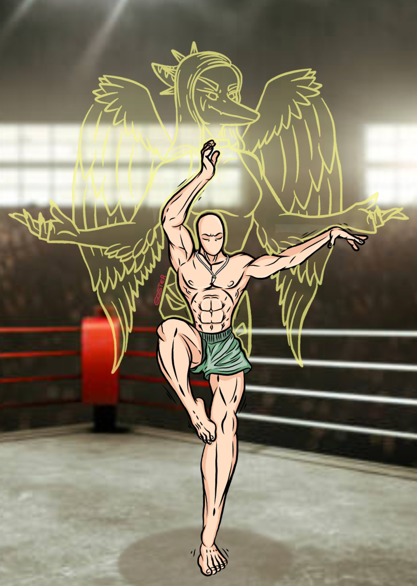 2023 abs anon_(snoot_game) anthro artist_name athletic athletic_human athletic_male baki_the_grappler bald biceps bottomwear claws clothing denim denim_clothing detailed_background digital_drawing_(artwork) digital_media_(artwork) dinosaur duo eyes_closed fang_(gvh) feathered_wings feathers feet female fighting_ring goodbye_volcano_high goster40k hair halter_top hi_res human inside jeans jewelry light-skinned_male light_body light_skin long_hair male mammal muscular muscular_human muscular_male necklace pants pecs pterodactylus pterosaur reptile scalie shorts signature smile snoot_game_(fan_game) snout toes torn_bottomwear torn_clothing torn_jeans torn_pants wings