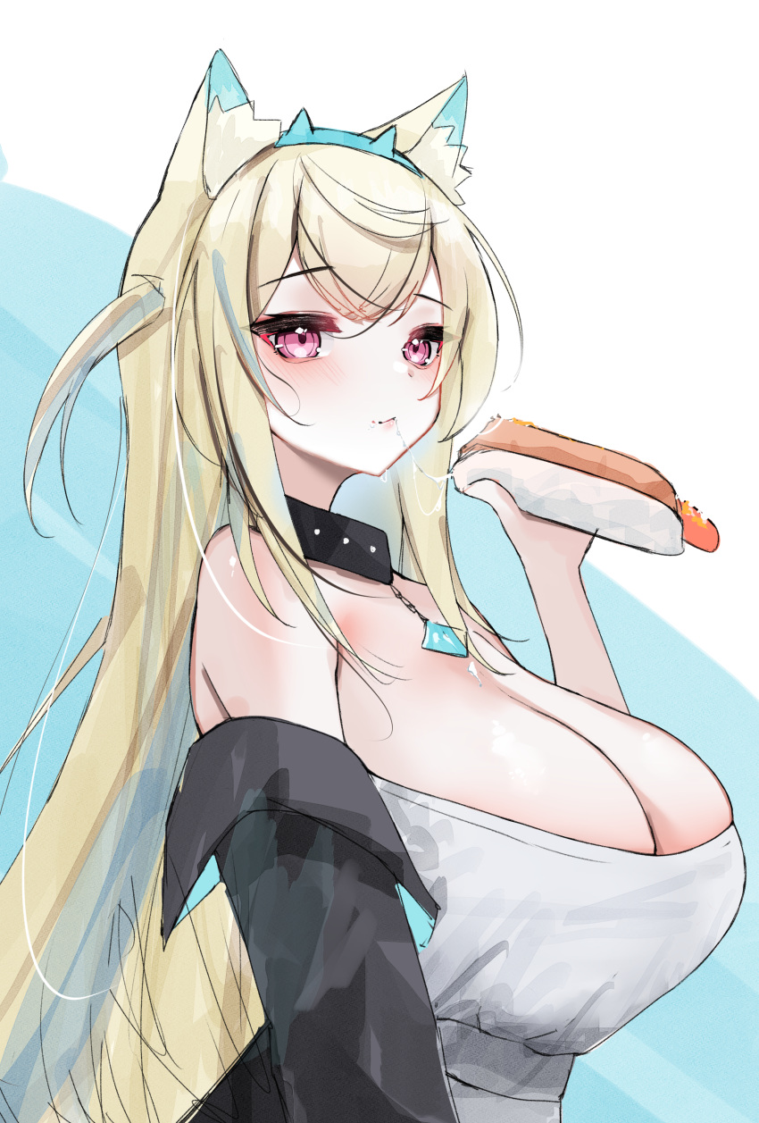 1girl absurdres animal_ear_fluff animal_ears black_collar black_jacket blonde_hair blue_hair blush breasts cleavage collar dog_ears dog_girl dress food fuwawa_abyssgard highres holding holding_food hololive hololive_english hot_dog jacket large_breasts long_hair looking_at_viewer multicolored_hair pink_eyes rifufu sidelocks solo spiked_collar spikes streaked_hair two_side_up virtual_youtuber white_dress