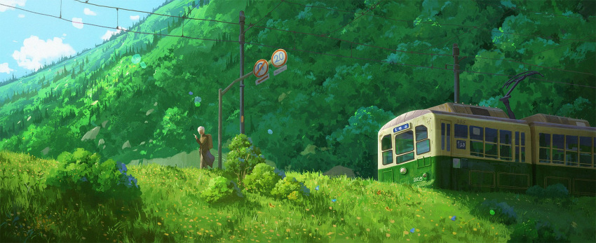 1boy backpack bag brown_coat bush cloud coat commentary cyclecircle day english_commentary forest grass highres mountain nature original outdoors power_lines road_sign scenery short_hair sign solo standing streetcar tree white_hair wide_shot