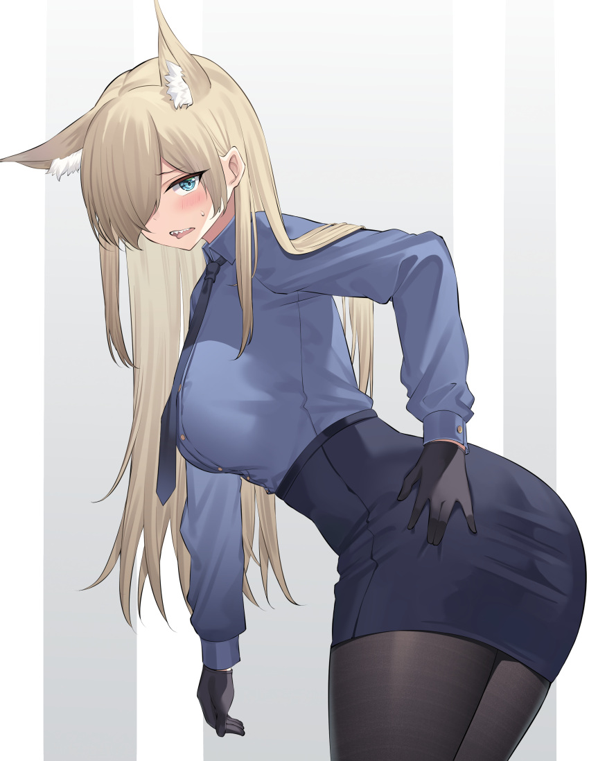 1girl absurdres angel_no_shousou animal_ear_fluff animal_ears ass black_gloves black_skirt blonde_hair blue_archive blue_eyes blue_shirt blue_skirt breasts brown_pantyhose buttons collared_shirt cowboy_shot dress_shirt extra_ears from_behind gloves hair_over_one_eye hand_on_own_hip high-waist_skirt highres kanna_(blue_archive) large_breasts leaning_forward long_hair long_sleeves looking_at_viewer looking_back miniskirt necktie open_mouth pantyhose pencil_skirt police police_uniform sharp_teeth shirt shirt_tucked_in skirt solo standing sweatdrop taut_clothes taut_skirt teeth thighs uniform