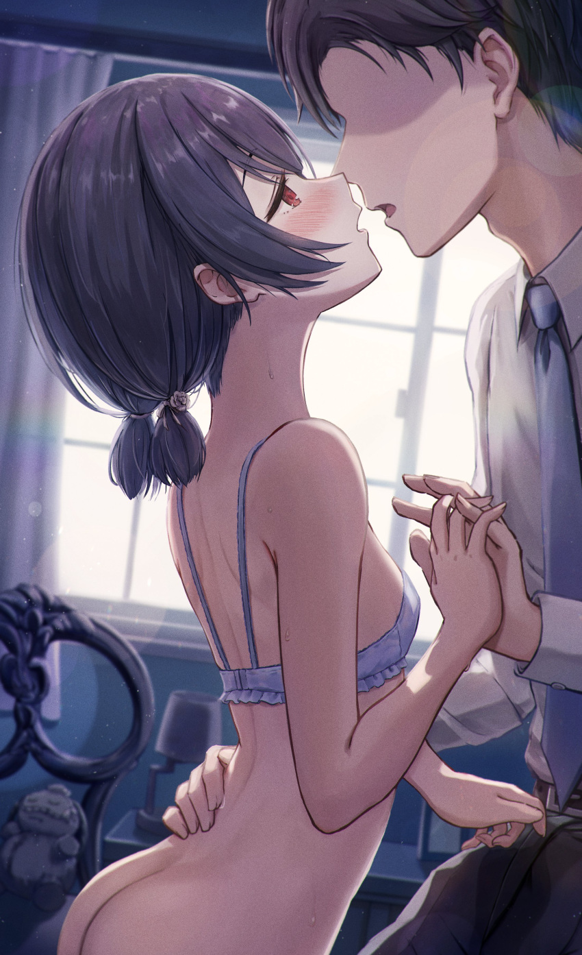 1boy 1girl absurdres ass back bare_shoulders blue_bra blue_hair blush bottomless bra breasts collared_shirt dark_blue_hair eye_contact faceless faceless_male formal half-closed_eyes highres holding_hands idolmaster idolmaster_shiny_colors imminent_kiss indoors interlocked_fingers looking_at_another masuku_(saint_mask) median_furrow morino_rinze necktie open_mouth producer_(idolmaster) red_eyes shirt short_hair short_twintails shoulder_blades small_breasts solo_focus sweat twintails underwear