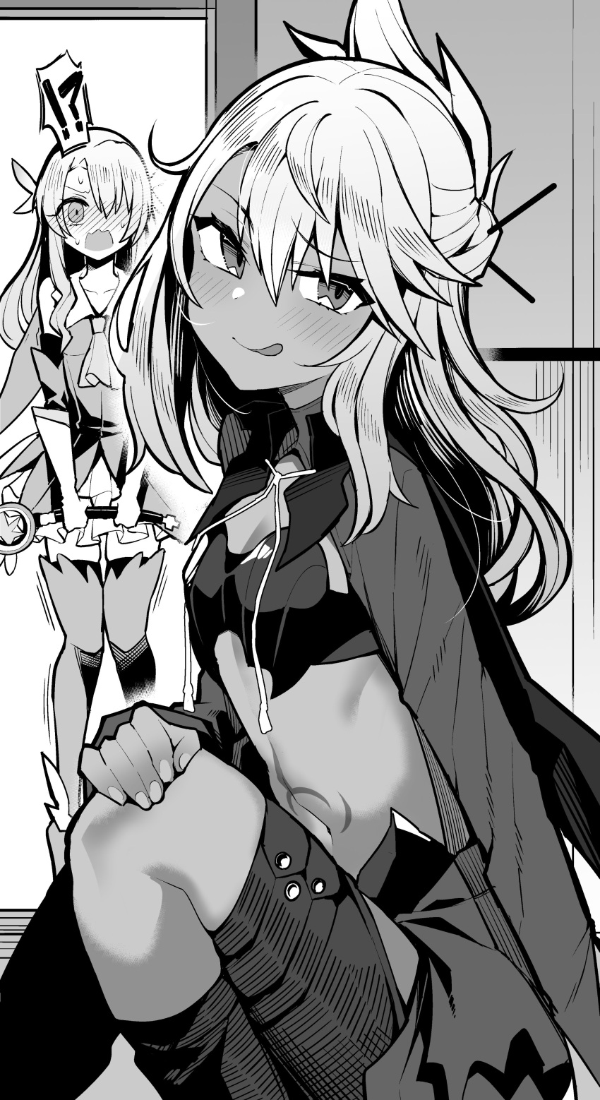 2girls absurdres armor ascot bare_shoulders blush boots breastplate breasts cape chloe_von_einzbern dark-skinned_female dark_skin dress elbow_gloves fate/kaleid_liner_prisma_illya fate_(series) feather_hair_ornament feathers gloves greyscale hair_between_eyes hair_bun hair_ornament hairpin half_updo highres illyasviel_von_einzbern kaleidostick layered_gloves licking_lips long_hair long_sleeves looking_at_viewer magical_ruby monochrome multiple_girls navel prisma_illya s_ryouchi shrug_(clothing) sidelocks skirt small_breasts smile stomach_tattoo tattoo thigh_boots thighs tongue tongue_out two_side_up waist_cape wand