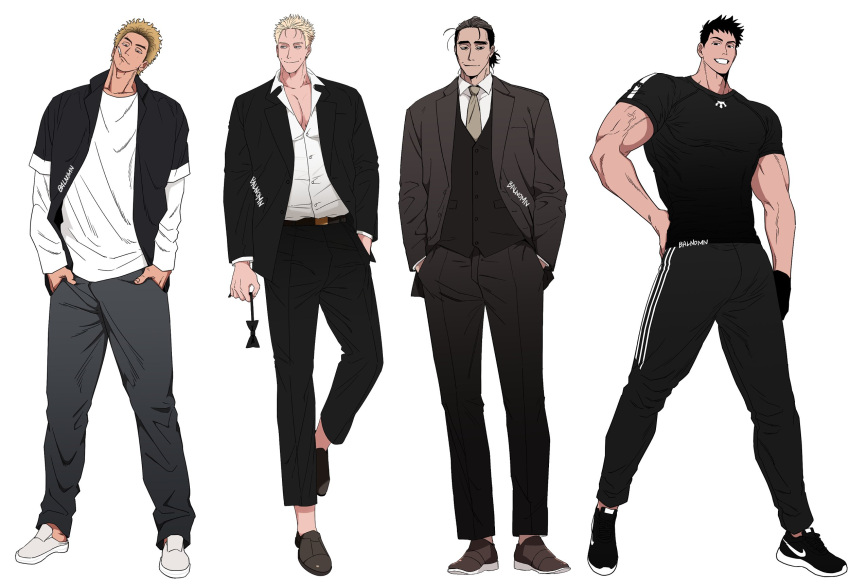 4boys balnom bara blonde_hair bow bowtie bowtie_removed full_body grin head_tilt highres large_pectorals legs_apart looking_at_viewer loose_hair_strand male_focus mature_male multiple_boys muscular muscular_male necktie original pants partially_unbuttoned pectoral_cleavage pectorals scratching_leg short_hair sideburns smile sportswear standing thick_eyebrows track_pants veins veiny_arms