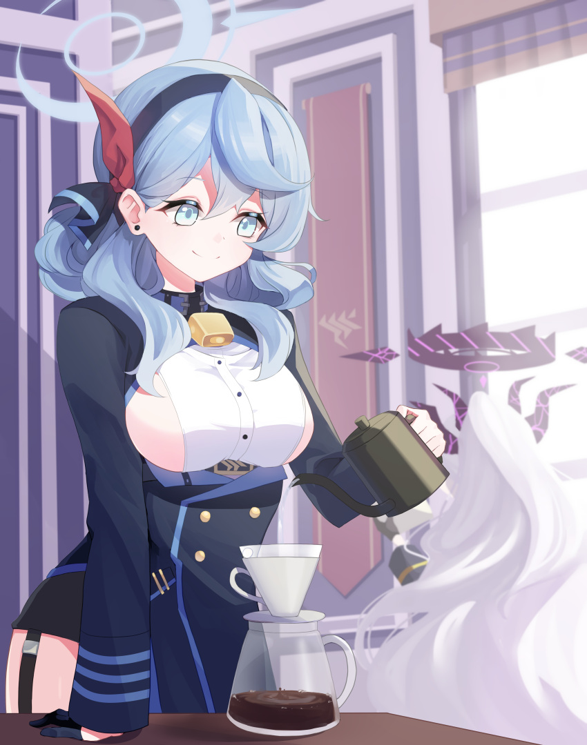 2girls absurdres ahoge ajeu914 ako_(blue_archive) arm_support bell black_gloves blue_archive blue_eyes blue_hair blurry breasts coffee coffee_pot commentary_request demon_girl demon_horns depth_of_field earrings garter_straps gloves hair_between_eyes halo highres hina_(blue_archive) holding holding_paper horns indoors jewelry long_hair long_sleeves military_uniform multiple_girls neck_bell paper pouring reading sideboob sidelocks smile solo_focus teapot uniform water wavy_hair white_hair window