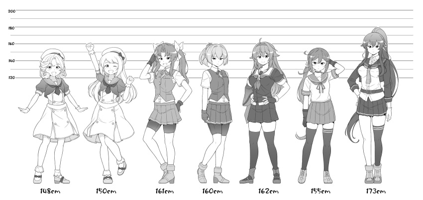 6+girls ahoge akebono_(kancolle) akebono_kai_ni_(kancolle) asymmetrical_clothes belt bike_shorts bike_shorts_under_skirt choker commentary_request dress dress_shirt fingerless_gloves full_body gloves greyscale hair_ribbon hairband hands_on_own_hips hat height_chart height_difference height_mark highres jacket janus_(kancolle) jervis_(kancolle) kagerou_(kancolle) kagerou_kai_ni_(kancolle) kantai_collection long_hair mary_janes monochrome multiple_girls neck_ribbon neckerchief one_eye_closed open_mouth parted_bangs pleated_skirt ponytail puffy_short_sleeves puffy_sleeves revision ribbon sailor_collar sailor_dress sailor_hat sailor_shirt school_uniform serafuku shiranui_(kancolle) shiranui_kai_ni_(kancolle) shiratsuyu_(kancolle) shiratsuyu_kai_ni_(kancolle) shirt shoes short_hair short_sleeves shorts shorts_under_skirt side_ponytail single_thighhigh skirt tenshin_amaguri_(inobeeto) thighhighs twintails vest whistle whistle_around_neck yahagi_(kancolle) yahagi_kai_ni_(kancolle)