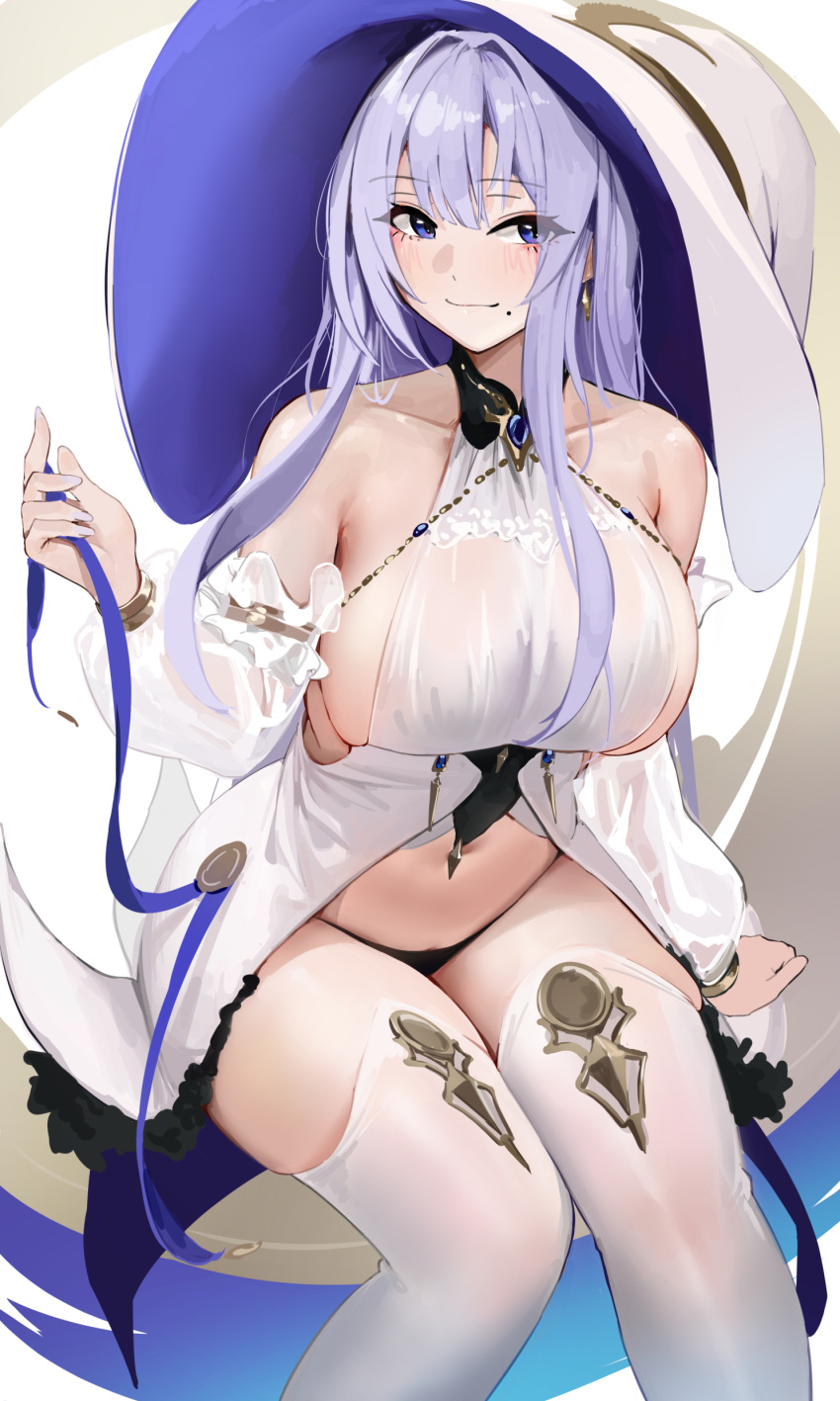 1girl absurdres azur_lane bare_shoulders black_panties blue_eyes blue_hair blush bracelet breasts chela77 collarbone dress earrings guichen_(azur_lane) hat highres jewelry large_breasts large_hat light_blue_hair long_hair long_sleeves looking_at_viewer mole mole_under_mouth navel panties sideboob smile solo thighhighs thighs underwear white_dress white_headwear white_thighhighs witch_hat