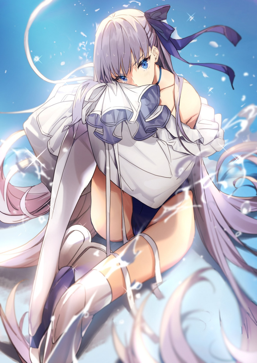 1girl bare_shoulders blue_background blue_eyes blue_one-piece_swimsuit blue_ribbon breasts choker commentary_request fate/grand_order fate_(series) frills hair_between_eyes highleg highleg_swimsuit highres knee_up long_hair long_sleeves looking_at_viewer meltryllis_(fate) meltryllis_(swimsuit_lancer)_(fate) meltryllis_(swimsuit_lancer)_(second_ascension)_(fate) no-kan one-piece_swimsuit puffy_sleeves purple_hair ribbon sitting sleeves_past_fingers sleeves_past_wrists small_breasts solo swimsuit thighs very_long_hair