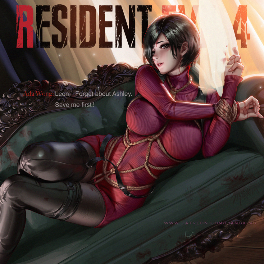 1girl ada_wong black_hair black_pantyhose bob_cut boots bound bound_wrists breasts brown_eyes copyright_name dress dutch_angle english_text highres indoors large_breasts liang_xing looking_at_viewer pantyhose parted_lips red_dress resident_evil resident_evil_4 resident_evil_4_(remake) shibari shibari_over_clothes short_hair solo thigh_boots turtleneck_dress