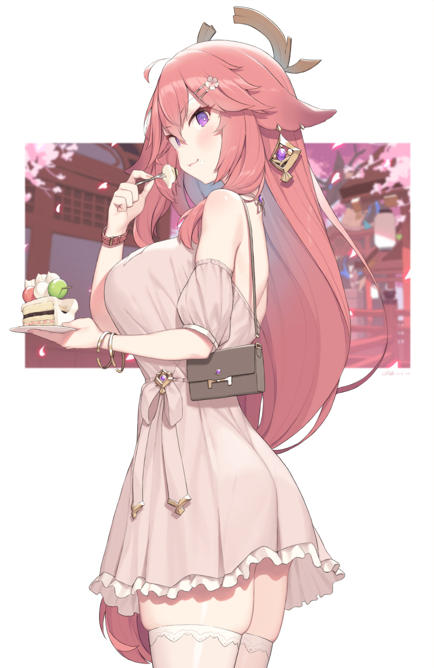 1girl :3 absurdres alternate_costume animal_ears ass bag breasts cake cake_slice cherry_blossoms cherry_hair_ornament cloba closed_mouth dango detached_sleeves dress eating food food-themed_hair_ornament food_on_face fork fox_ears frilled_dress frills from_side genshin_impact gold_bracelet hair_ornament hairclip handbag highres holding holding_fork large_breasts mitarashi_dango pink_dress pink_hair purple_eyes solo thighhighs thighs wagashi watch white_thighhighs wristwatch yae_miko zettai_ryouiki