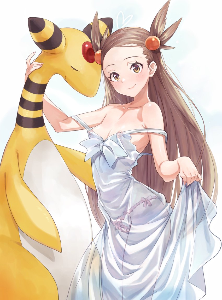 1girl absurdres ampharos blush breasts brown_eyes brown_hair caee_penguin closed_mouth clothes_lift commentary_request dress dress_lift eyelashes hair_bobbles hair_ornament hand_up highres jasmine_(pokemon) long_hair nipples pokemon pokemon_(creature) pokemon_(game) pokemon_gsc see-through see-through_dress smile strap_slip two_side_up white_background white_dress