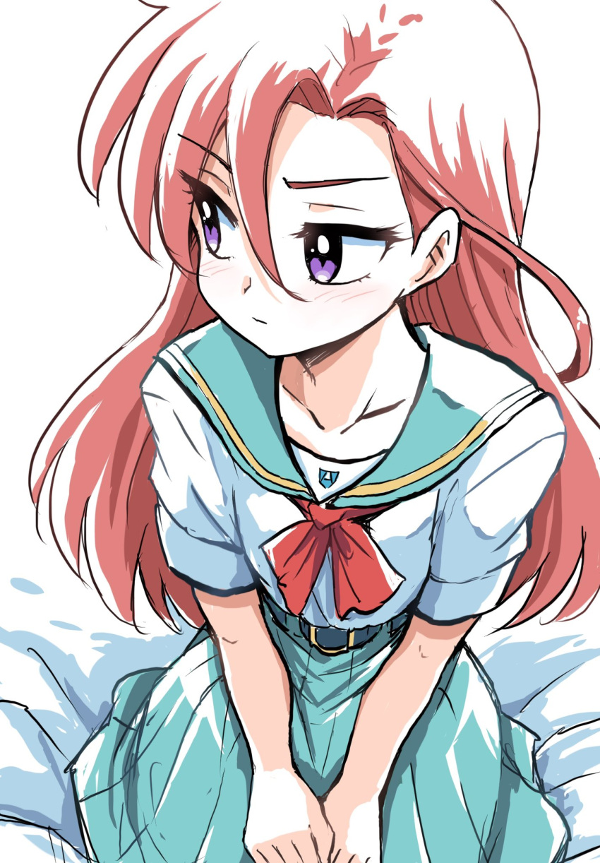 1girl aozora_middle_school_uniform aqua_sailor_collar aqua_skirt bed blush closed_mouth collarbone embarrassed green_sailor_collar green_skirt hair_between_eyes highres long_hair neckerchief precure purple_eyes red_hair sailor_collar sailor_shirt school_uniform serafuku shirt short_sleeves sitting skirt solo takizawa_asuka tropical-rouge!_precure uraki white_shirt