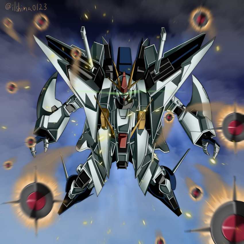 blue_sky cloud cloudy_sky commentary flying full_body glowing glowing_eyes green_eyes gundam gundam_hathaway's_flash highres looking_at_viewer mecha missiles mobile_suit no_humans robot science_fiction shimashun sky solo twitter_username v-fin xi_gundam