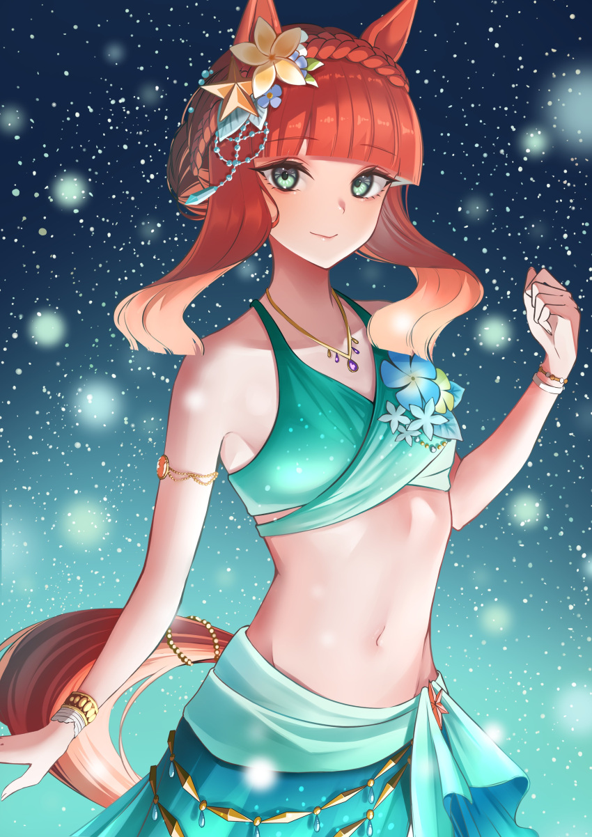 1girl absurdres animal_ears bare_shoulders bikini blunt_bangs braid crown_braid flower green_bikini green_eyes green_sarong hair_flower hair_ornament highres horse_ears horse_girl horse_tail jewelry looking_at_viewer navel necklace official_alternate_costume orange_hair sarong sidelocks silence_suzuka_(emerald_on_the_waves)_(umamusume) silence_suzuka_(umamusume) smile solo summer's_sunlight_fades_to_blue_(umamusume) swimsuit tail tomisaki_mitsuro umamusume