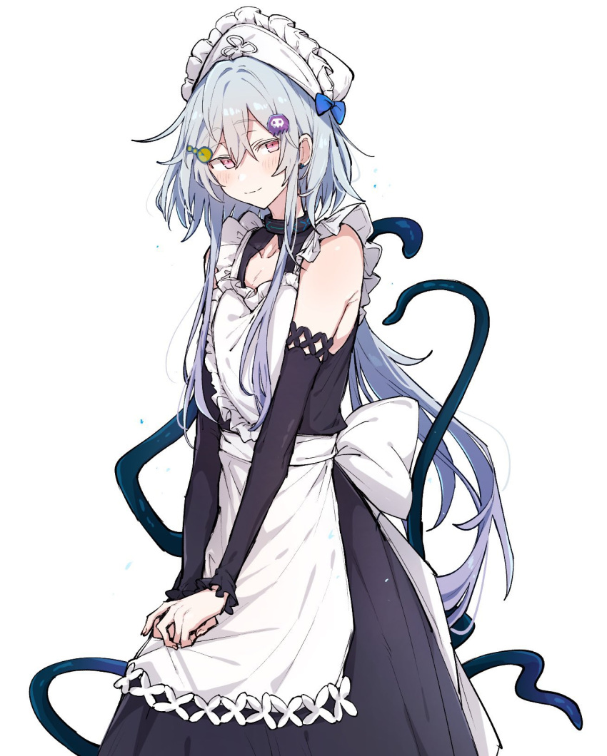 1boy alternate_costume apron arknights black_dress black_sleeves blue_bow blue_bowtie blush bow bowtie choker collarbone commentary_request crossdressing detached_sleeves dress earrings frilled_apron frilled_sleeves frills hair_between_eyes hair_ornament higashi_shino highres infection_monitor_(arknights) jewelry long_dress long_hair maid maid_apron maid_headdress mizuki_(arknights) otoko_no_ko pink_eyes sideways_glance simple_background sleeveless sleeveless_dress smile solo standing stud_earrings tentacles very_long_hair white_background