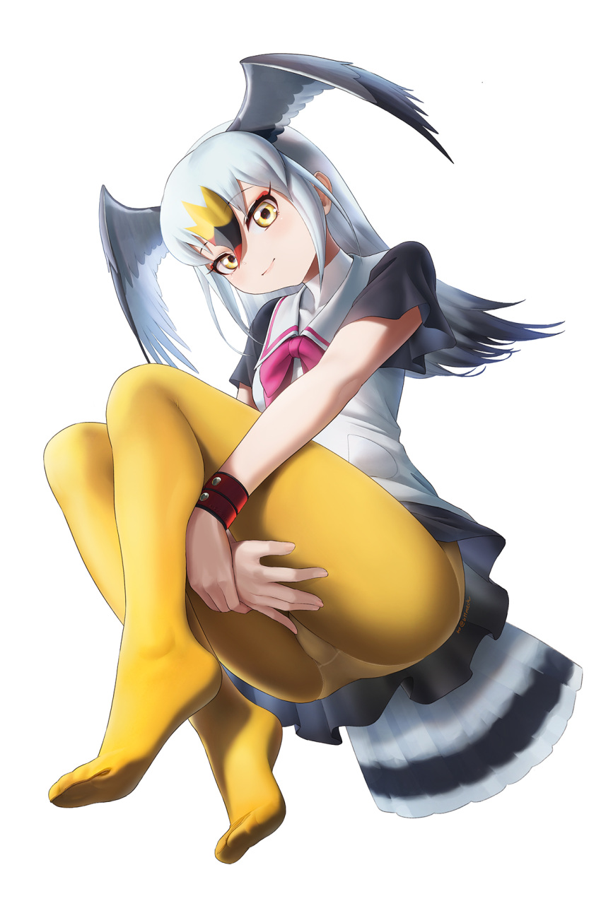 1girl beleven bird_girl bird_tail bird_wings black-tailed_gull_(kemono_friends) black_hair black_skirt black_sleeves blonde_hair bow bowtie grey_hair hair_between_eyes head_wings highres kemono_friends long_hair looking_at_viewer multicolored_hair no_shoes orange_hair pantyhose pleated_skirt purple_bow purple_bowtie sailor_collar shirt short_sleeves sidelocks skirt solo tail turtleneck two-tone_shirt white_hair white_shirt wings yellow_eyes yellow_pantyhose