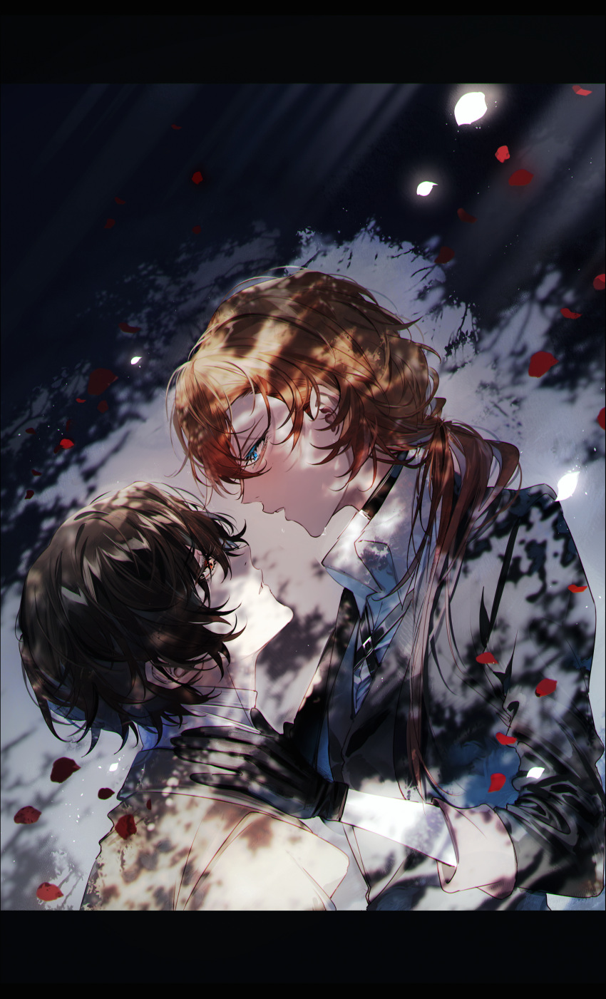 2boys absurdres baocaizi black_gloves black_hair black_jacket blue_eyes blush brown_hair bungou_stray_dogs collared_shirt commentary dappled_sunlight dazai_osamu_(bungou_stray_dogs) eye_contact face-to-face falling_petals from_side gloves hair_between_eyes highres jacket layered_clothes letterboxed light_rays long_hair long_sleeves looking_at_another multiple_boys nakahara_chuuya open_mouth orange_eyes parted_lips petals ponytail shirt sidelocks sunlight upper_body white_jacket white_shirt yaoi