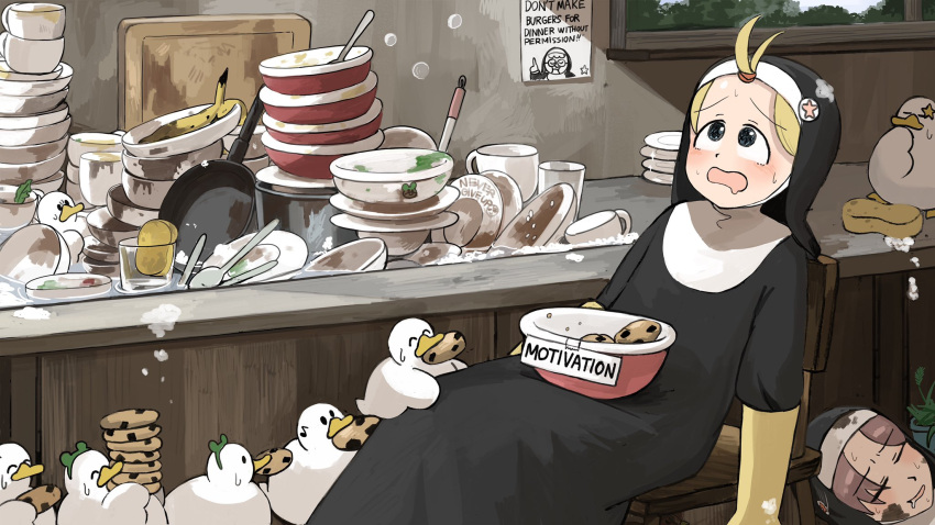 2girls bird blonde_hair blue_eyes brown_hair catholic chicken chocolate_chip_cookie closed_eyes clumsy_nun_(diva) cookie dirty dirty_face dishes dishwashing diva_(hyxpk) duck elbow_gloves english_commentary exhausted food frog_headband frying_pan gloves habit highres hungry_nun_(diva) little_nuns_(diva) multiple_girls nun plate poster_(object) red_star rubber_gloves star_ornament too_many topknot traditional_nun yellow_gloves