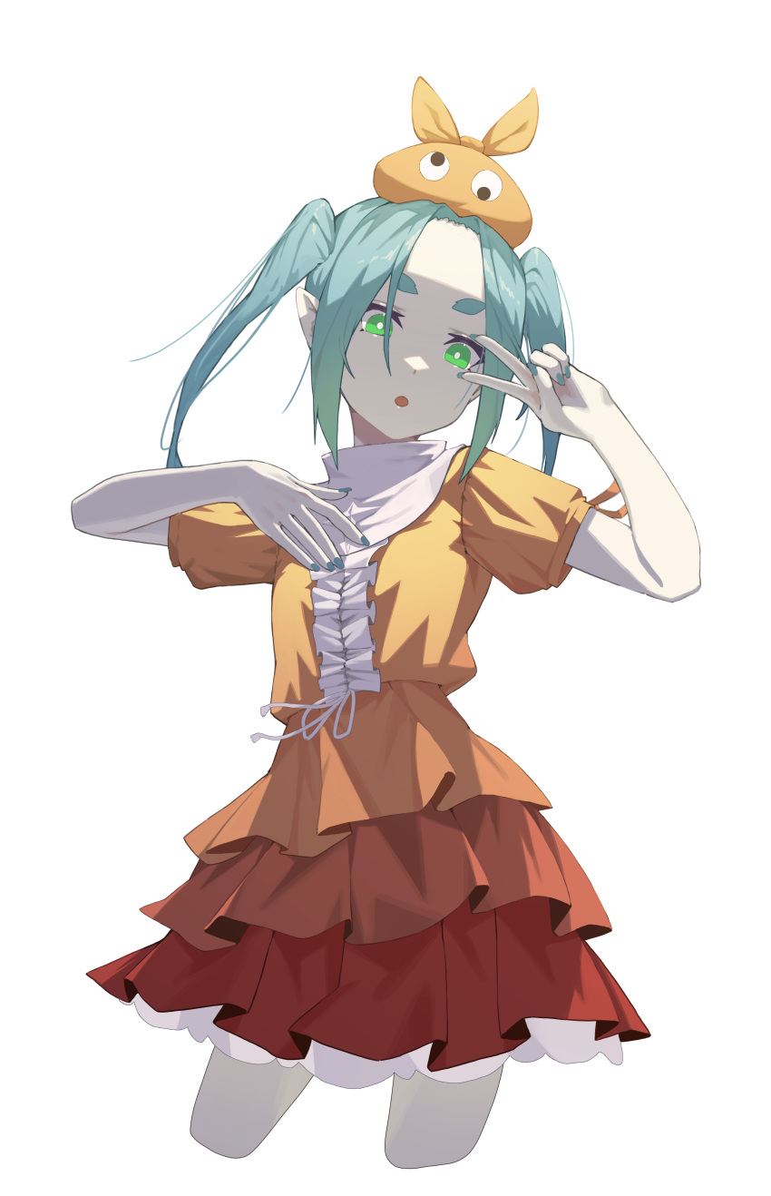 1girl absurdres aqua_hair aqua_nails center_frills cowboy_shot cropped_legs dress expressionless fingernails frills googly_eyes green_eyes hand_on_own_chest highres long_fingernails looking_at_viewer medium_hair moguri_(kxh5061) monogatari_(series) ononoki_yotsugi open_mouth orange_dress orange_headwear petite pointy_ears short_sleeves simple_background solo thick_eyebrows twintails v v_over_eye white_background