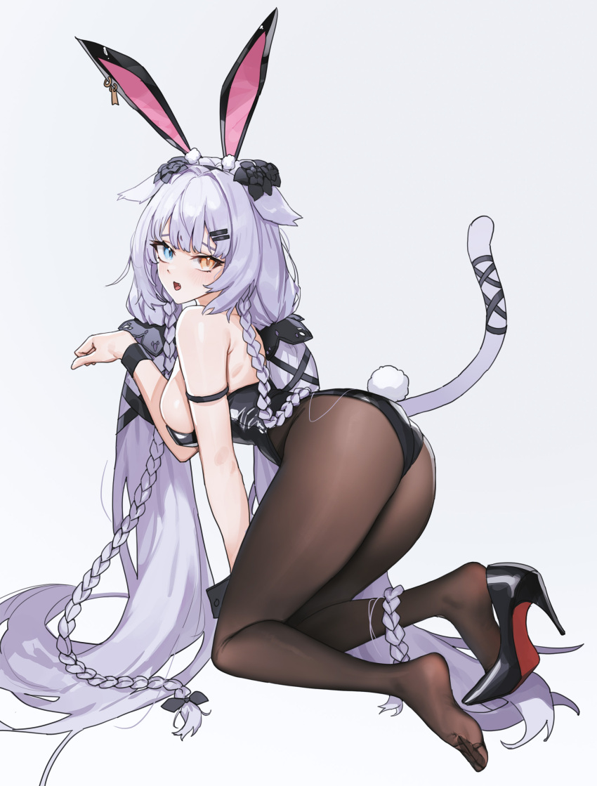 1girl absurdres all_fours animal_ears ass black_leotard blue_eyes blush braid breasts fake_animal_ears fake_tail from_behind full_body grey_hair hair_ornament hairclip heterochromia high_heels highres large_breasts last_origin leotard long_hair no_shoes open_mouth orange_eyes pantyhose paw_pose perrault_(last_origin) playboy_bunny rabbit_ears rabbit_tail shoes simple_background single_shoe solo tail tunamayo_(dsasd751) twin_braids twintails very_long_hair white_background