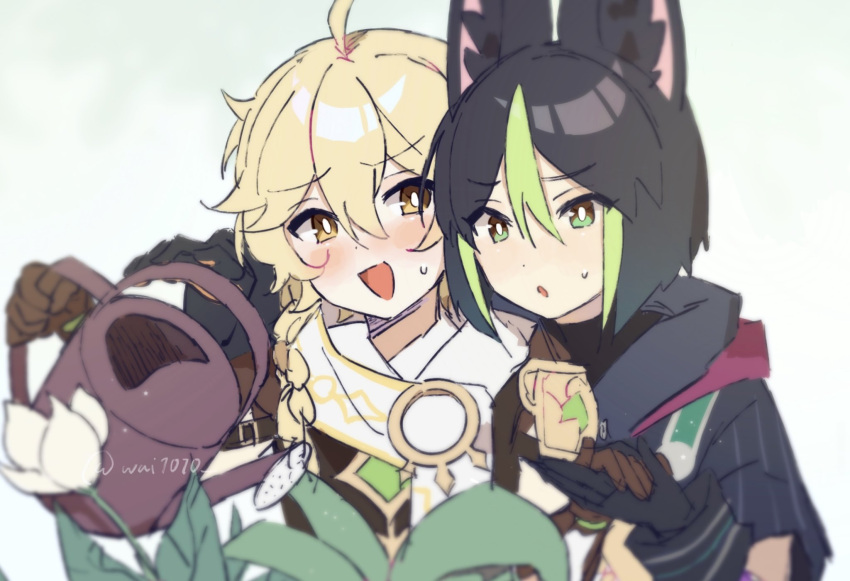 2boys aether_(genshin_impact) animal_ear_fluff animal_ears black_gloves black_hair blonde_hair blush braid brown_gloves flower fox_boy fox_ears genshin_impact gloves green_eyes grey_hair hair_between_eyes hair_over_shoulder highres holding holding_hands holding_watering_can long_hair male_focus multicolored_hair multiple_boys open_mouth orange_eyes parted_lips plant simple_background single_braid sweat tighnari_(genshin_impact) wai1010 watering_can white_flower yaoi