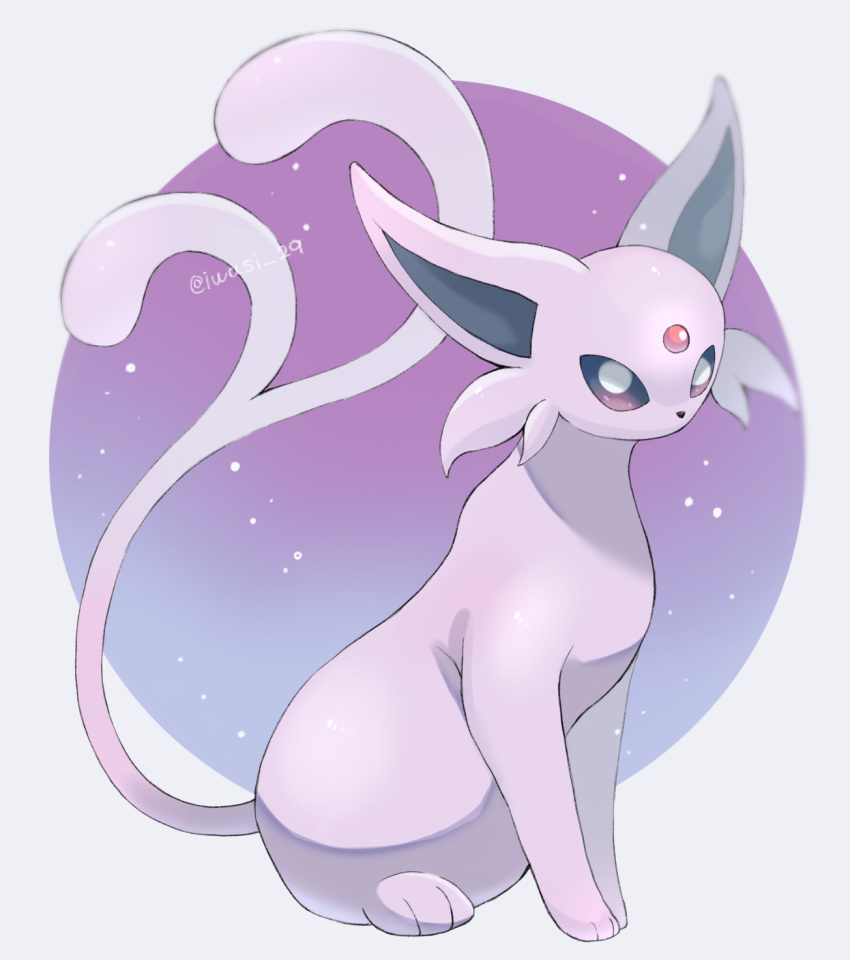 colored_sclera espeon forehead_jewel forked_tail full_body highres iwasi_29 no_humans pink_fur pokemon pokemon_(creature) pokemon_(game) pokemon_gsc purple_sclera tail twitter_username