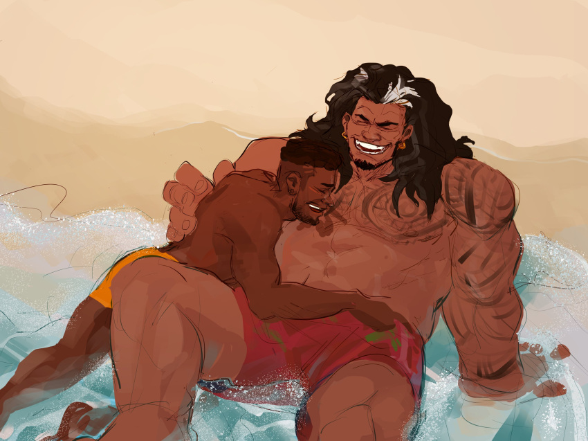 2boys baptiste_(overwatch) bara beach black_hair chest_tattoo couple dark-skinned_male dark_skin day facial_hair feet_out_of_frame from_above full_beard happy highres jona-draws large_pectorals lying_on_person male_focus male_swimwear mature_male mauga_(overwatch) multiple_boys muscular muscular_male mustache nipples ocean orange_male_swimwear outdoors overwatch overwatch_2 pectorals red_male_swimwear sand shoulder_tattoo size_difference smile strongman_waist swim_trunks tattoo thick_eyebrows topless_male undercut unfinished yaoi