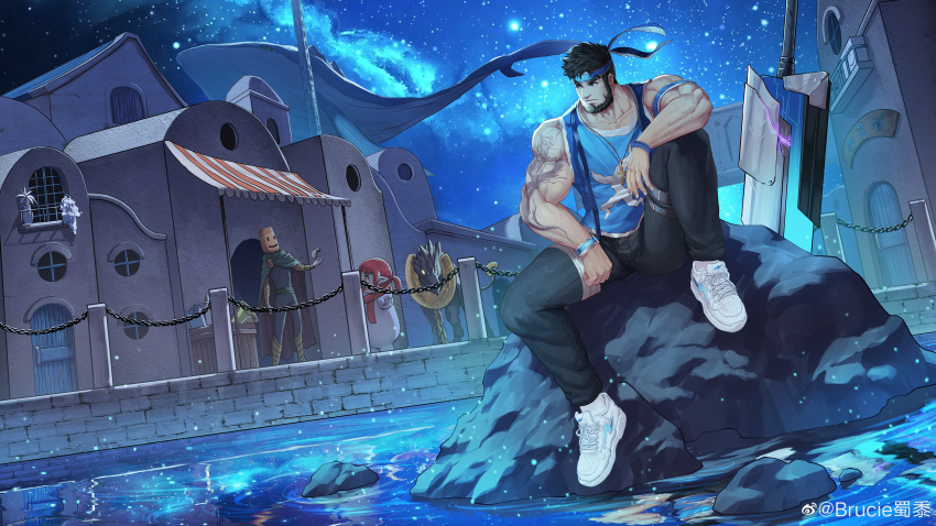 1boy 1girl absurdres arm_hair arm_tattoo artist_request baimeme bandaged_leg bandages bara bare_arms beard black_dog blue_headband blue_shirt brucie_(infighter821) character_request check_artist collarbone cross cross_necklace dungeon_and_fighter facial_hair flying_whale full_body headband highres jewelry leg_belt looking_to_the_side male_focus male_priest_(dungeon_and_fighter) mature_male mechanical_sword muscular muscular_male necklace night night_sky nike original planted planted_sword second-party_source shirt shoes short_hair sky sleeveless sleeveless_shirt sneakers solo_focus star_(sky) starry_sky sword tattoo weapon whale