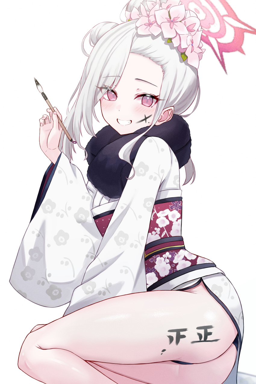 1girl absurdres arm_support ass black_panties blue_archive body_writing calligraphy_brush commentary eyelashes floral_print flower forehead fur-trimmed_kimono fur_trim grey_hair grin hair_bun hair_flower hair_ornament halo highres japanese_clothes kano_(wi3028) kimono looking_at_viewer mutsuki_(blue_archive) mutsuki_(new_year)_(blue_archive) obi obijime paintbrush panties panty_peek pink_eyes pointy_ears sash simple_background single_side_bun smile solo swept_bangs tally teeth thighs underwear white_background white_kimono