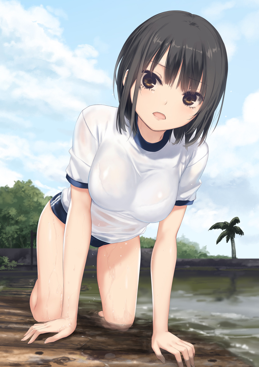 1girl aoyama_sumika black_hair blue_buruma blue_sky bra_visible_through_clothes breasts brown_eyes buruma cloud coffee-kizoku day gym_shirt gym_uniform highres medium_breasts mud original outdoors palm_tree see-through see-through_shirt see_through shirt short_hair sky solo t-shirt tree wet wet_clothes white_shirt