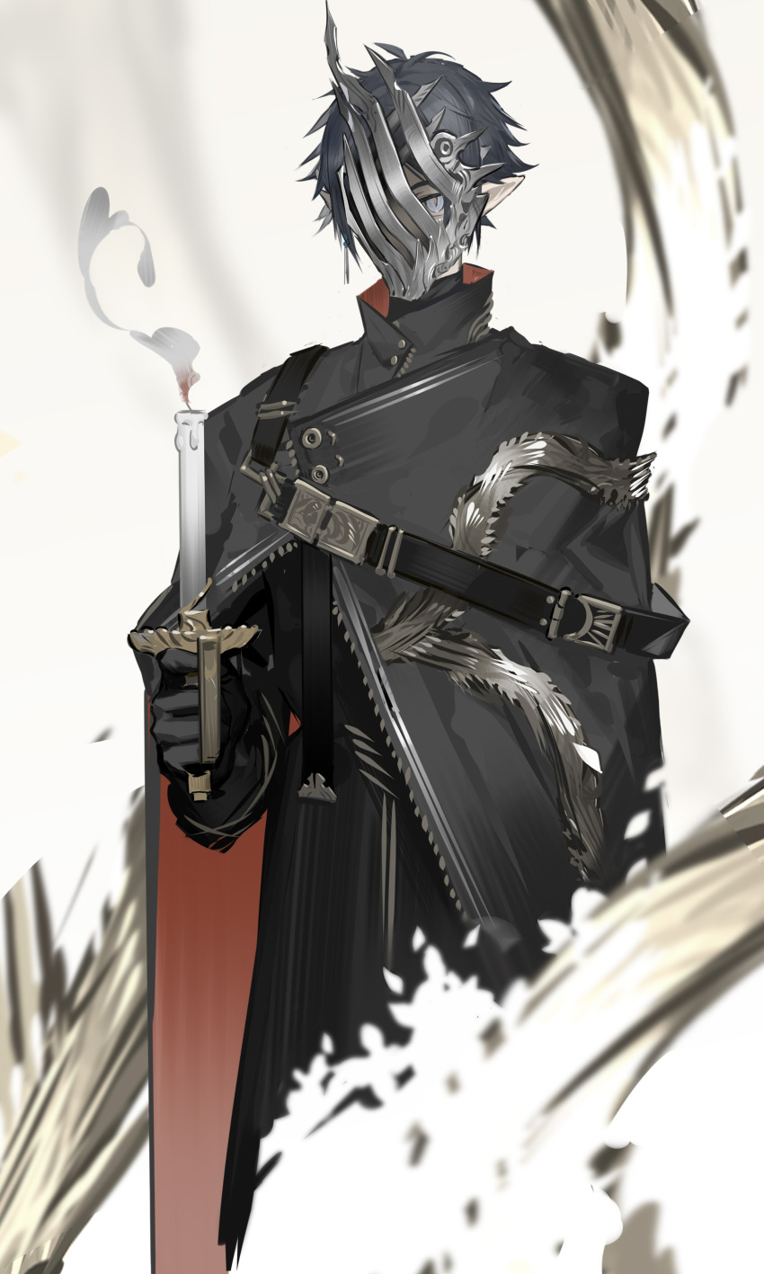 1boy absurdres arknights belt black_cloak black_gloves black_hair blue_eyes candle cloak fire flame gloves highres holding holding_candle jiuri_jiuhao male_focus mask multicolored_cloak pointy_ears slit_pupils solo standing two-sided_cloak two-sided_fabric zuo_le_(arknights)