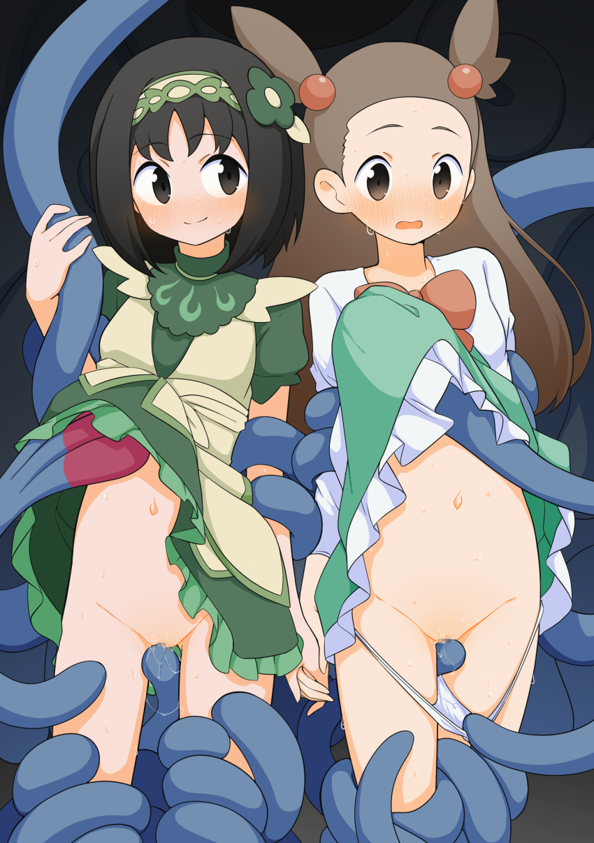 2girls absurdres black_hair blush breasts brown_eyes brown_hair closed_mouth clothes_lift commentary_request dress dress_lift erika_(pokemon) erika_(sygna_suit)_(pokemon) flower green_dress green_flower green_hairband hair_bobbles hair_flower hair_ornament hairband hand_up highres holding_hands imminent_penetration imminent_vaginal jasmine_(pokemon) long_hair looking_down luke_(b10a3123m) multiple_girls navel official_alternate_costume panties panty_pull pokemon pokemon_(creature) pokemon_(game) pokemon_hgss pokemon_masters_ex pussy sideways_glance smile sweat tangrowth tentacles two_side_up underwear white_panties