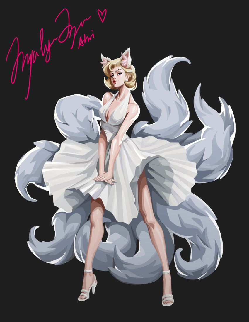 1girl ahri_(league_of_legends) animal_ears bare_shoulders black_background blonde_hair breasts cleavage cosplay dress fox_ears fox_girl fox_tail full_body halter_dress halterneck high_heels highres k/da_(league_of_legends) k/da_ahri league_of_legends lipstick looking_at_viewer makeup marilyn_monroe marilyn_monroe_(cosplay) mole mole_under_eye multiple_tails parody sandals short_hair simple_background sleeveless sleeveless_dress solo standing sundress syrenali_art tail the_seven-year_itch white_dress wind wind_lift