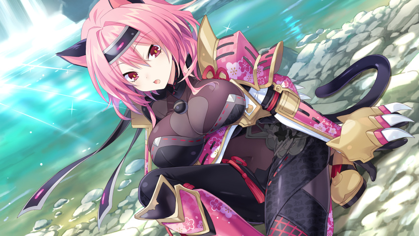 1girl animal_ears armor black_bodysuit black_gloves bodysuit breasts cat_ears cat_girl catsuit claws gloves headband highres lake large_breasts neptune_(series) ninja official_art pink_eyes pink_hair senran_nin_nin_ninja_taisen_neptune:_shoujo-tachi_no_kyouen short_hair shoulder_armor sitting solo tail tsunako vambraces yuuki_(senran_nin_nin_ninja_taisen_neptune_shoujo_no_kyouen)