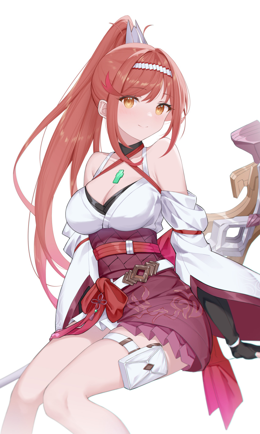 1girl absurdres bare_shoulders black_gloves breasts brown_eyes brown_hair cleavage closed_mouth commentary_request feet_out_of_frame fingerless_gloves frilled_skirt frills glimmer_(xenoblade) gloves hair_between_eyes high_ponytail highres knees_together_feet_apart long_hair long_sleeves looking_at_viewer medium_breasts ponytail purple_skirt roi_(liu_tian) simple_background skirt smile solo very_long_hair white_background wide_sleeves xenoblade_chronicles_(series) xenoblade_chronicles_3 xenoblade_chronicles_3:_future_redeemed