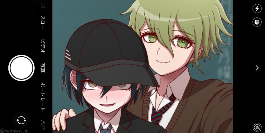 2boys amami_rantarou black_hair black_headwear black_jacket brown_eyes brown_sweater collared_shirt danganronpa_(series) danganronpa_v3:_killing_harmony green_background green_eyes green_hair hair_between_eyes hand_on_another's_shoulder highres jacket male_focus multiple_boys necktie official_alternate_costume portrait saihara_shuuichi shirt short_hair striped_necktie suiren_yurei sweater translation_request white_shirt