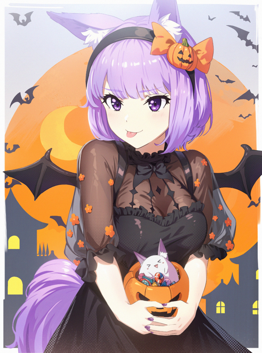 1girl absurdres animal_ears bat_(animal) bat_wings black_dress crescent_moon dress edgar_syu fake_wings floral_print frilled_dress frills guild_cq hairband halloween highres moon purple_eyes purple_hair quon_tama short_hair solo tail virtual_youtuber wings