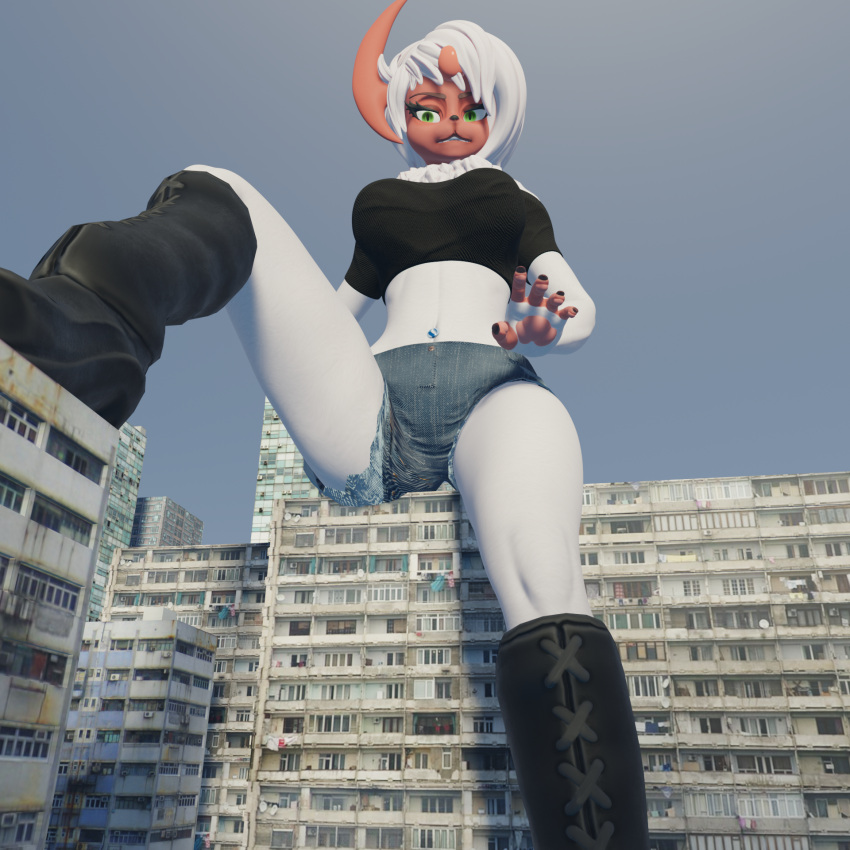 absol anthro boots bottomwear building clothed clothing female footwear generation_3_pokemon hi_res looking_at_viewer low-angle_view macro navel navel_piercing nintendo piercing pokemon pokemon_(species) rose_duskclaw shiny_pokemon shorts sitting_on_building solo