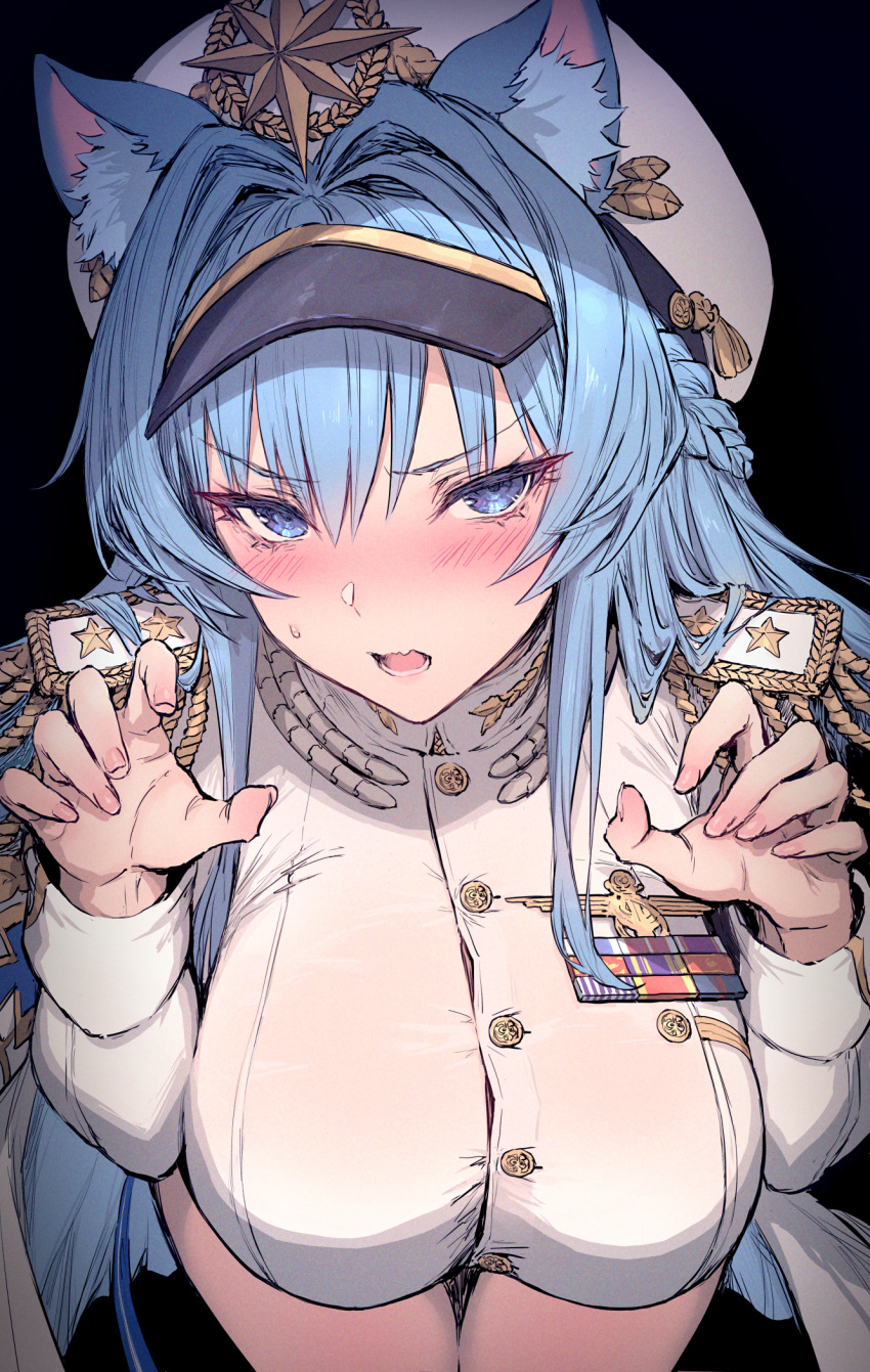 1girl animal_ear_fluff animal_ears badge black_background blush breasts button_gap cat_ears epaulettes fang goddess_of_victory:_nikke hair_intakes hands_up haoni hat helm_(nikke) highres large_breasts leaning_forward military_hat military_uniform open_mouth paw_pose simple_background solo uniform v-shaped_eyebrows