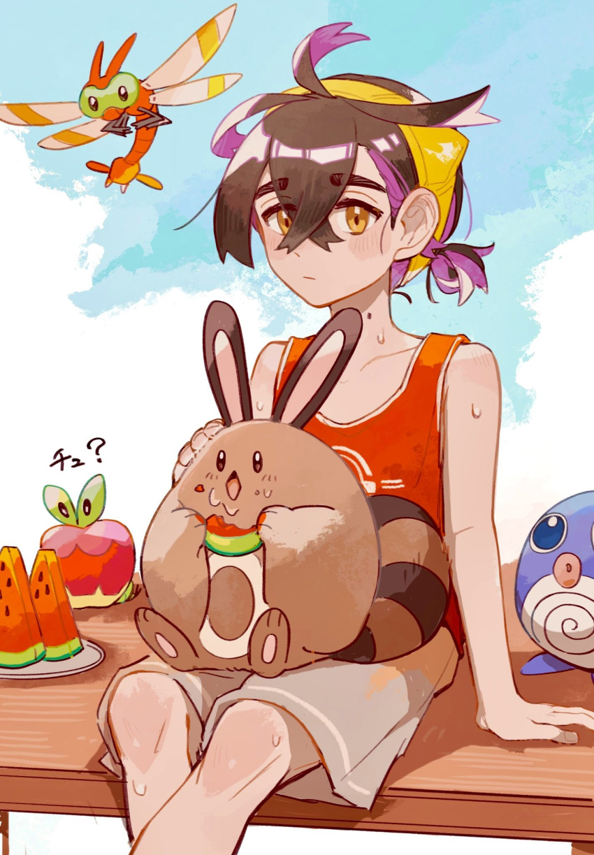 1boy applin arm_support blush brown_hair closed_mouth commentary_request crossed_bangs day food fruit grey_shorts hair_between_eyes hairband highres kieran_(pokemon) knees male_focus mole mole_on_neck outdoors plate pokemon pokemon_(creature) pokemon_sv poliwag potori3939 red_shirt sentret shirt shorts sitting sleeveless sleeveless_shirt sweat tank_top watermelon watermelon_slice yellow_eyes yellow_hairband
