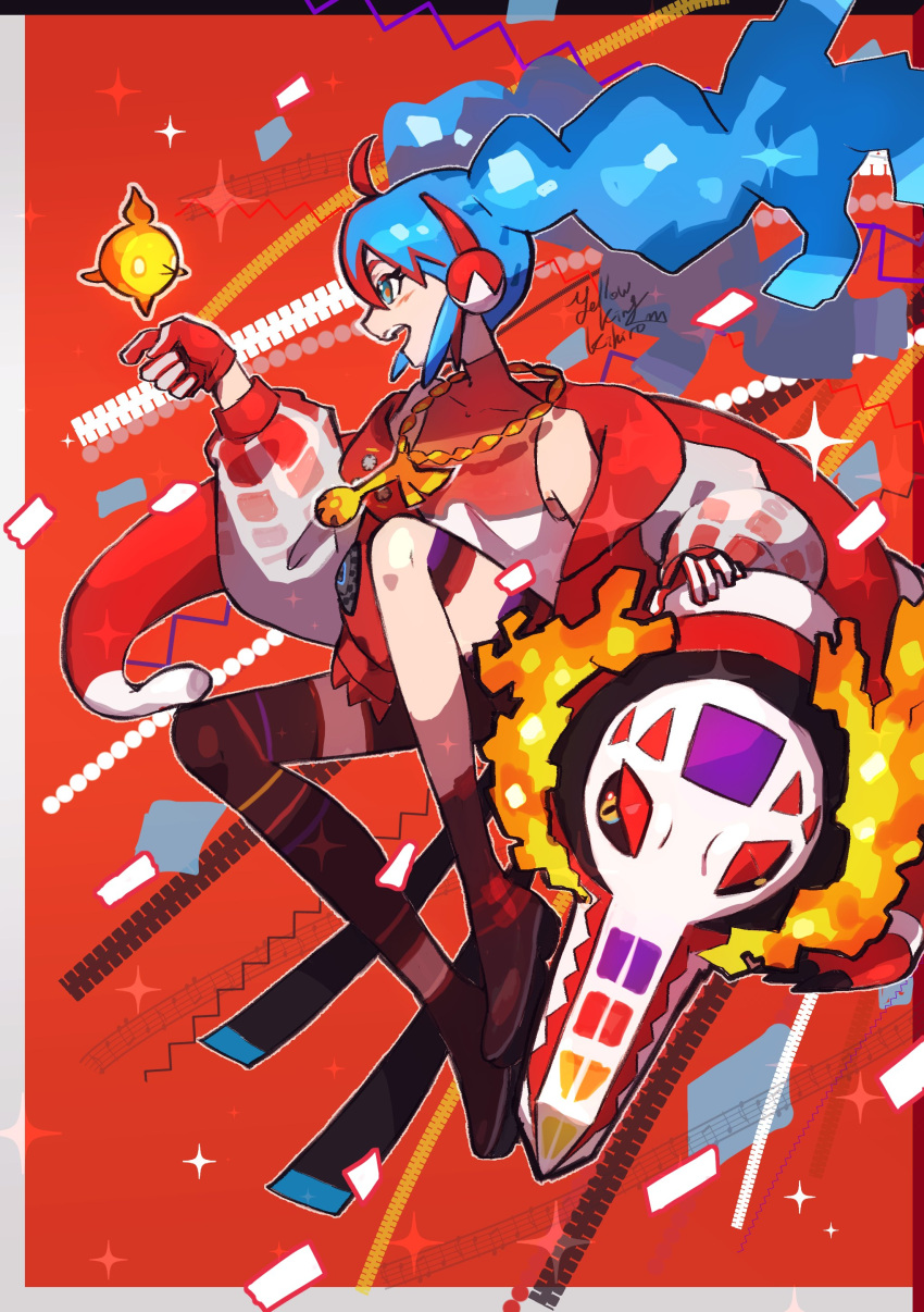 1girl absurdres ahoge black_sclera blue_eyes blue_hair colored_sclera commentary_request crocodile crocodilian fire fire_miku_(project_voltage) full_body gloves hair_between_eyes hand_up hatsune_miku headphones highres jacket jewelry long_hair long_sleeves necklace one_eye_closed open_clothes open_jacket open_mouth pokemon pokemon_(creature) profile project_voltage puffy_long_sleeves puffy_sleeves red_background red_gloves red_hair red_theme shirt skeledirge sleeveless sleeveless_shirt smile solo sparkle turtleneck twintails very_long_hair vocaloid yellow_eyes yellowking_hiro