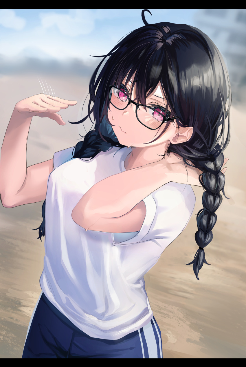 1girl absurdres black-framed_eyewear black_hair blurry blurry_background blush braid breasts closed_mouth day depth_of_field fanning_face fou_(ssqseeker) glasses gym_uniform hand_in_own_hair hand_up highres large_breasts long_hair looking_at_viewer motion_lines original outdoors purple_eyes revision shirt short_sleeves solo sweat twin_braids white_shirt