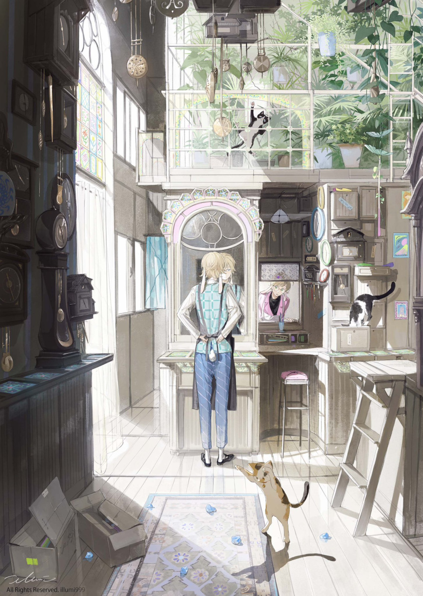 2boys accessories animal animal_ears apron black_footwear blonde_hair blue_eyes blue_pants box carpet cat chair clock decorations desk floor flower glasses hair_between_eyes highres illumi999 ladder leaf looking_at_another mirror multiple_boys open_mouth original pants paper pen picture_frame pink_suit plant rabbit_ears rabbit_tail shadow short_hair stairs standing suit tail window wooden_floor