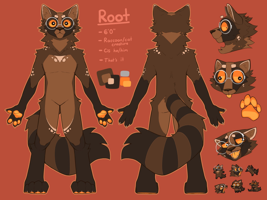 2023 4_fingers 4_toes anthro blep digitigrade doughtea english_text eyewear featureless_crotch feet fingers glasses hi_res hybrid male mammal model_sheet multiple_poses nude open_mouth pose procyonid raccoon simple_background solo standing text toes tongue tongue_out