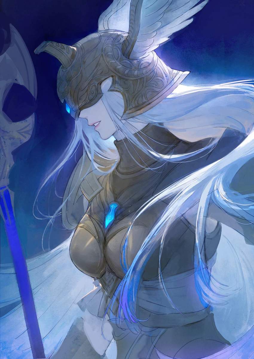 1girl armor blue_background blue_hair boobplate colored_tips covered_eyes final_fantasy final_fantasy_xiv floating_hair from_side halberd halone_(ff14) helmet helmet_over_eyes highres laoyepo long_hair multicolored_hair parted_lips pauldrons polearm profile shoulder_armor smile solo upper_body weapon white_hair winged_helmet