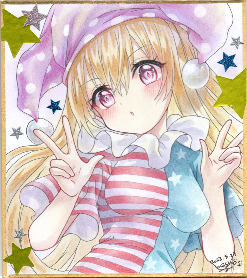 1girl american_flag_dress artist_name blonde_hair blush breasts clownpiece dated double_v dress hair_between_eyes hat highres jester_cap long_hair mosho parted_lips pink_eyes polka_dot polka_dot_headwear purple_headwear shikishi short_sleeves signature small_breasts solo star_(symbol) star_print striped striped_dress touhou traditional_media upper_body v