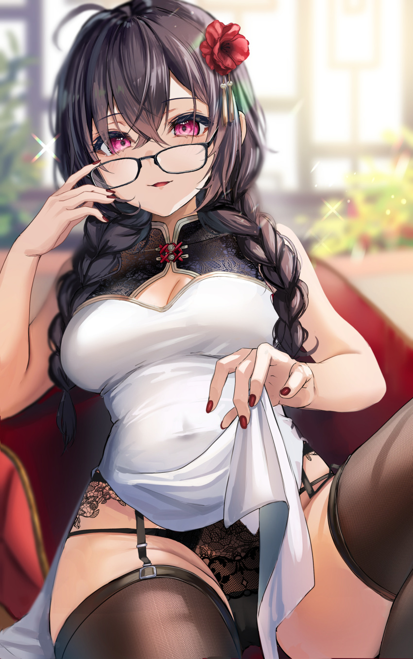 1girl absurdres bare_shoulders black_hair blush braid breasts china_dress chinese_clothes cleavage dress flower fou_(ssqseeker) garter_straps glasses hair_flower hair_ornament highres lace-trimmed_panties lace_trim long_hair looking_at_viewer medium_breasts original panties parted_lips pelvic_curtain purple_eyes side_slit sleeveless sleeveless_dress solo thighhighs twin_braids underwear