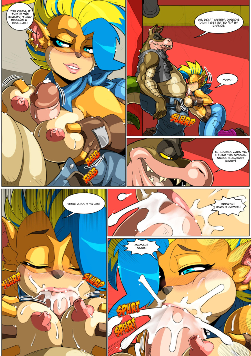 activision anthro balls bandicoot big_butt blonde_hair blue_hair bodily_fluids breast_play breasts butt clothed clothing comic crash_bandicoot_(series) crocodilian cum cum_in_mouth cum_inside deep_throat dingodile duo ear_piercing female genital_fluids genitals hair hi_res interspecies kneeling licking mad-project male male/female mammal marsupial mohawk multicolored_hair nipples oral overweight overweight_anthro overweight_male penile penis piercing pirate_tawna reptile scalie sex thick_thighs titfuck tongue tongue_out undressing wide_hips