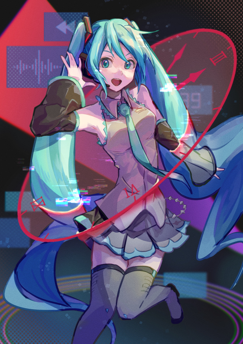 1girl 39 absurdres aqua_eyes aqua_hair aqua_necktie bare_shoulders black_background black_skirt black_sleeves black_thighhighs clock clock_hands contrapposto detached_sleeves feet_out_of_frame grey_shirt hair_ornament halftone halftone_background hand_up hatsune_miku hatsune_miku_(nt) hatsune_miku_expo headphones headset highres layered_sleeves leg_up long_hair mikuni144 miniskirt necktie outstretched_hand piapro pleated_skirt rewind_button roman_numeral see-through see-through_sleeves shirt shoulder_tattoo skirt sleeveless sleeveless_shirt smile solo sound_wave standing tattoo thighhighs transformation twintails very_long_hair vocaloid white_sleeves zettai_ryouiki
